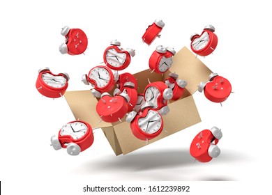 3d Rendering Of Cardboard Box In Air Full Of Bent Deformed Alarm Clocks Which Are Flying Out And Floating Outside. Run Out Of Time. Meeting Deadlines. Tight Schedule.