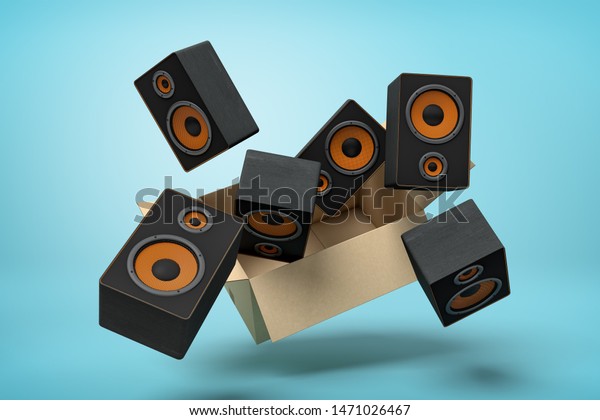 3d\
rendering of cardboard box in air full of black audio speakers\
which are flying out and floating outside on blue background. Audio\
equipment. Stereo systems. Sound\
amplification.