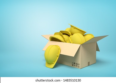 3d rendering of cardboard box full of yellow hard hats on blue background. Safety equipment. Bulk purchase. Provide protection.