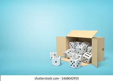 3d Rendering Of Cardboard Box Lying Sidelong Full Of White Dice With Black Spots On Blue Background. Probability Calculation. Game Supplies. Retail Sales.