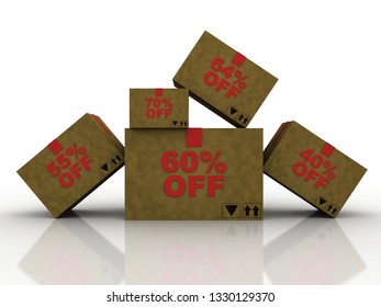 3d rendering Cardboard boxes 50% 60% 55% off 