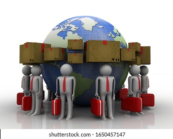 3d rendering Cardboard boxes with globe around business network