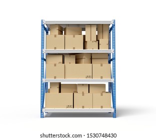 3d rendering of cardboard boxes on metal racks. Industrial warehouses. Packaging and delivery. Digital art.