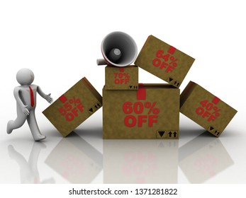 3d rendering Cardboard boxes in shopping cart with people