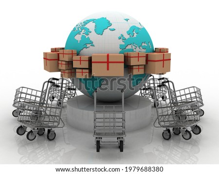 3d rendering Cardboard boxes with shopping cart