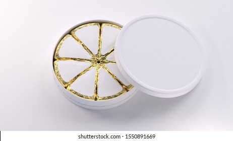 3d rendering of  cardboard round container for  cheese.  Realistic products packaging mockup with soft shadows. Opened with processed cheese slices. Isolated on white background