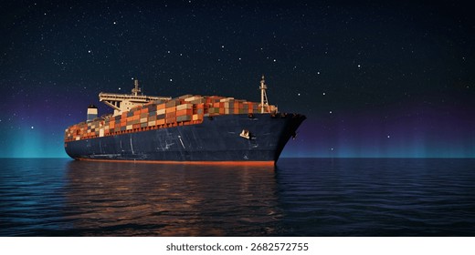 3D rendering of a cargo container ship loaded with containers floating in ocean water under night starry sky.