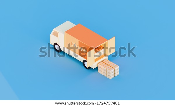 3d rendering of cargo container and truck on\
blue background.