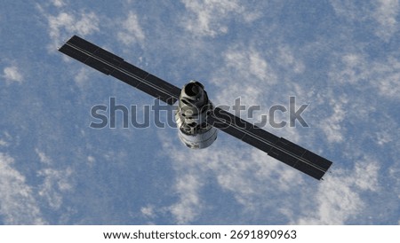 3D rendering of a cargo spacecraft with solar panels orbiting above Earth's clouds