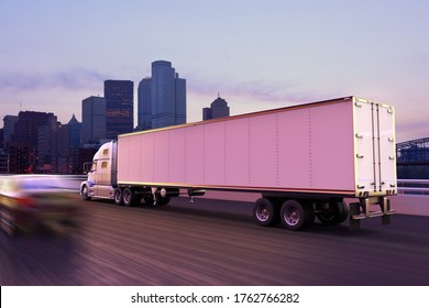 3D rendering of a cargo truck on the road at dusk in front of a city skyline.