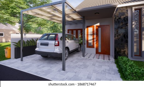 3D rendering of a carport design in a modern minimalist house in a village