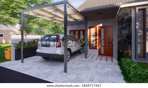 3D rendering of a carport design in a modern\
minimalist house in a\
village