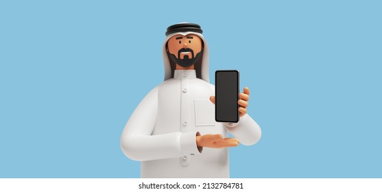 3d Rendering, Cartoon Character Arab Man Wears Traditional Clothes And Holds Smart Phone. Business Clip Art Isolated On Light Blue Background