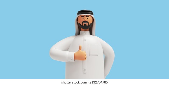 3d Rendering, Cartoon Character Arab Man With Beard Wears Traditional White Clothes, Shows Thumb Up Like Gesture. Business Clip Art Isolated On Light Blue Background