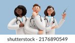 3d rendering, Cartoon character doctors, international team of medical professionals isolated on blue background. Medical colleagues hospital staff