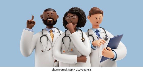 3d rendering, Cartoon character doctors, international team of healthcare professionals isolated on blue background. Medical colleagues hospital staff - Powered by Shutterstock