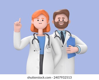 3d rendering. Cartoon character doctors, black skin woman and man, international team of healthcare professionals isolated on blue background. Medical colleagues hospital staff
 - Powered by Shutterstock