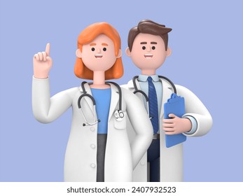 3d rendering. Cartoon character doctors, black skin woman and man, international team of healthcare professionals isolated on blue background. Medical colleagues hospital staff
 - Powered by Shutterstock