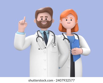 3d rendering. Cartoon character doctors, black skin woman and man, international team of healthcare professionals isolated on blue background. Medical colleagues hospital staff
 - Powered by Shutterstock