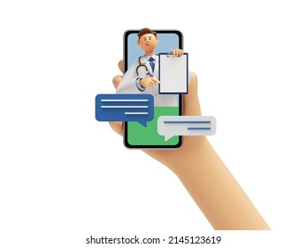 3d Rendering, Cartoon Character Hand Holds Smart Phone With Doctor Popping Out From Screen, Online Consultation. Tele Medicine Video Call. Medical Insurance. Clip Art Isolated On White Background