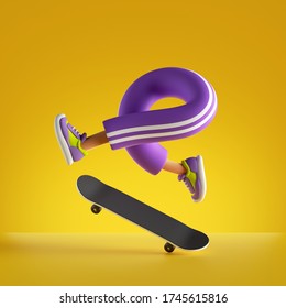 3d rendering, cartoon character legs and skateboard isolated on yellow background, extreme freestyle skateboarding trick, active lifestyle sportive illustration