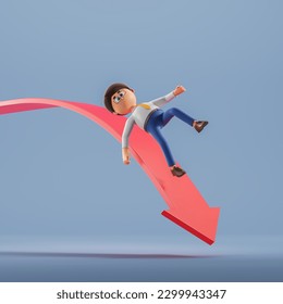 3d rendering. Cartoon character man falling from a descending red arrow, economy collapse and regress. Concept of fail, financial crisis and dismissal illustration