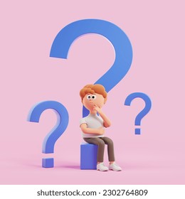 3d rendering. Cartoon character man, hand on chin thinking. Pensive guy sitting on a big question mark, pink background. Concept of thoughts and search for answer illustration