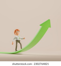 3d rendering. Cartoon character man stepping up on a high green arrow on beige background, copy space. Concept of business success, rise and profit illustration