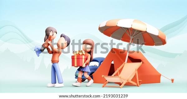 3D rendering of cartoon characters, a group of\
families are camping