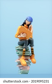 3D Rendering Of A Cartoon Girl Studying