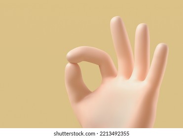 3d Rendering Of Cartoon Hand, Okay Sign Gesture On Beige Background