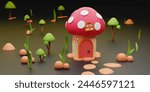 3d rendering cartoon mushroom house, 3d cute mushroom