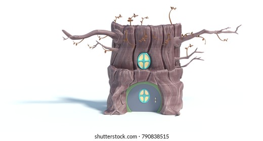 白い背景にカートーンツリーハウスの3dレンダリング リスの巣箱 木の幹の中に小さなドアの家 バルコニー 空洞のかわいい窓 のイラスト素材 Shutterstock