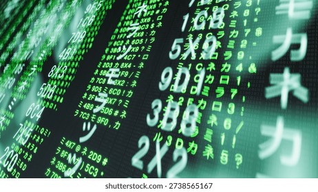 3D rendering of cascading green katakana and alphanumeric characters on a dark screen. 3D Illustration