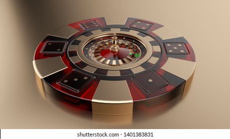 3D Rendering Of Casino Chip With Roulette Wheel Inside With Red Glass And Golden Details Isolated On The Gold  Background - 3D Illustration