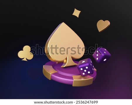3D rendering, casino chips, dice, spades, dark black background. For online casinos and mobile gambling apps