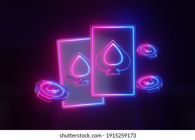 3D Rendering Of Casino Chips Playing Around Poker Cards, All Of Material Shining On The Dark Bakcground.