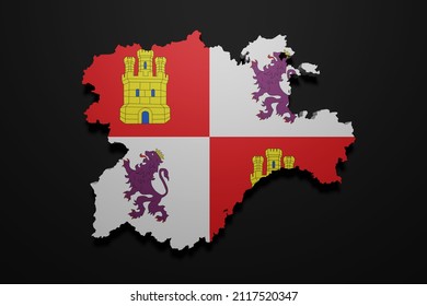 3d Rendering Of A Castilla Leon Spanish Community Flag And Map On A Black Background