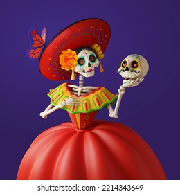 3D Rendering Catrina Skeleton In Red Dress And Hat Holding A Sugar Skull Isolated On Purple Background