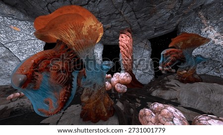 3D rendering of the cave where strange plants grow