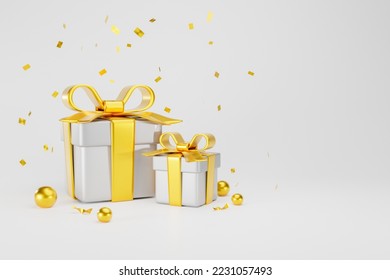 3D Rendering. Celebration concept. White color gift boxes 3d with golden ribbon on background Birthday, Merry Christmas, Marry New Year. Two boxs and decorations free space - Powered by Shutterstock