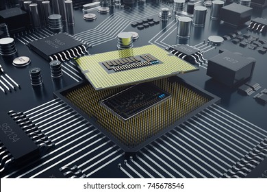 3D rendering Central Computer Processors CPU concept. Electronic engineer of computer technology. Computer board chip circuit cpu core. Hardware concept electronic device motherboard semiconductor