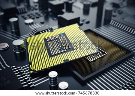 3D rendering Central Computer Processors CPU concept. Electronic engineer of computer technology. Computer board chip circuit cpu core. Hardware concept electronic device motherboard semiconductor