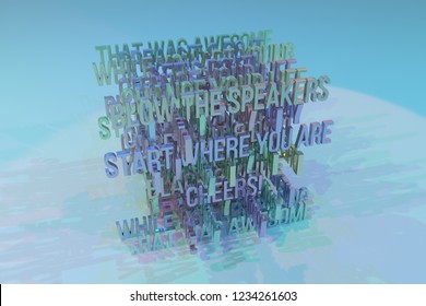 3D rendering. CGI typography, keywords cloud, motivation related. Decorative, illustrations. For design texture, background.