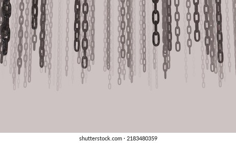 3D rendering of chains. Chains hang low on the ceiling. Neutral solid color background fog.