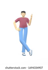 3D rendering character of an asian guy pointing finger up. Concept idea, direction, attention. Positive illustration is isolated on a white background.