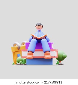 3d Rendering Of Character Illustration Sitting On A Pile Of Books And Reading A Book, Back To School