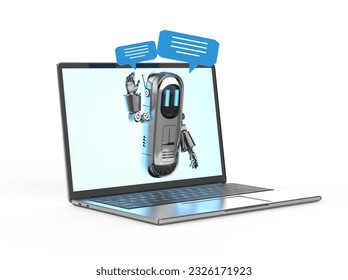 3d rendering chatbot or assistant robot chat with speech bubble on laptop