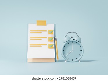 3D Rendering Checklist Check Mark On A Clipboard Paper And Alarm Clock. Tick Check Punctual Concept. On Blue Sky Pastel Background