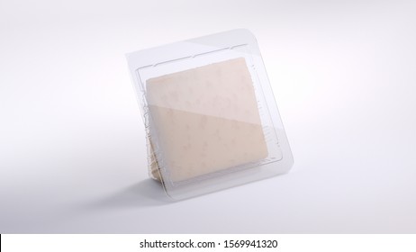 3d Rendering Of Cheese Wedge In Transparent Container. Closed. Triangle Shape Plastic Wrap. Realistic Products Packaging Mockup With Soft Shadows. Stands On Bright White Background. Side View